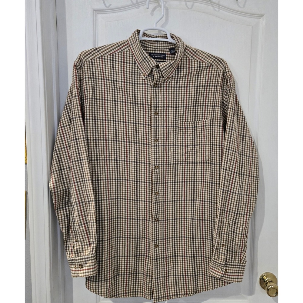 Roundtree & Yorke Button Down Mens 2XT Brown Plaid Excellent Long Sleeve Cotton - Picture 1 of 8